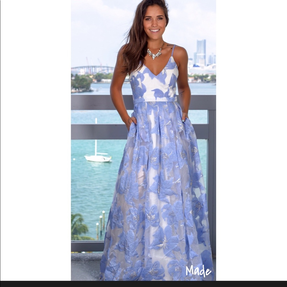 NEW Blue Embroidered Maxi Dress with Pockets
